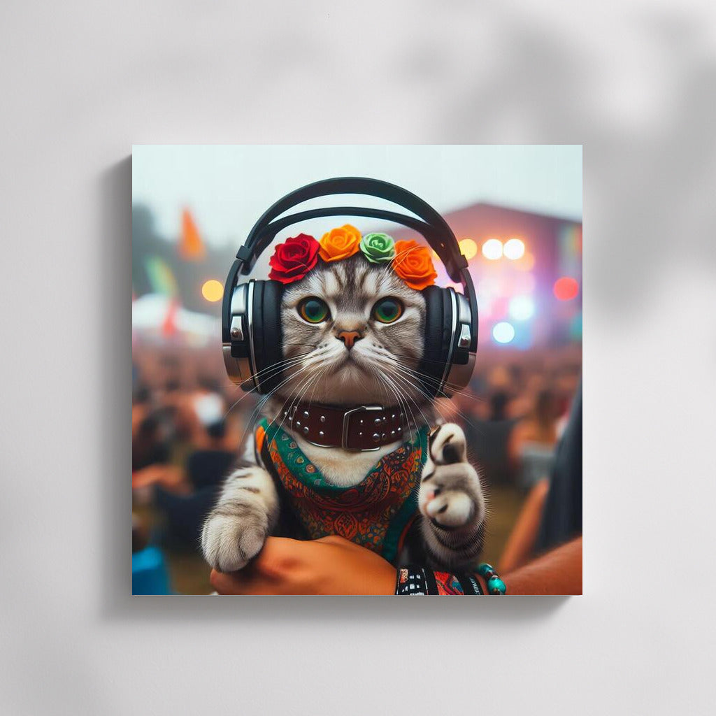 Musical Cat at the Festival: Stylish Headphones and Flower Crown