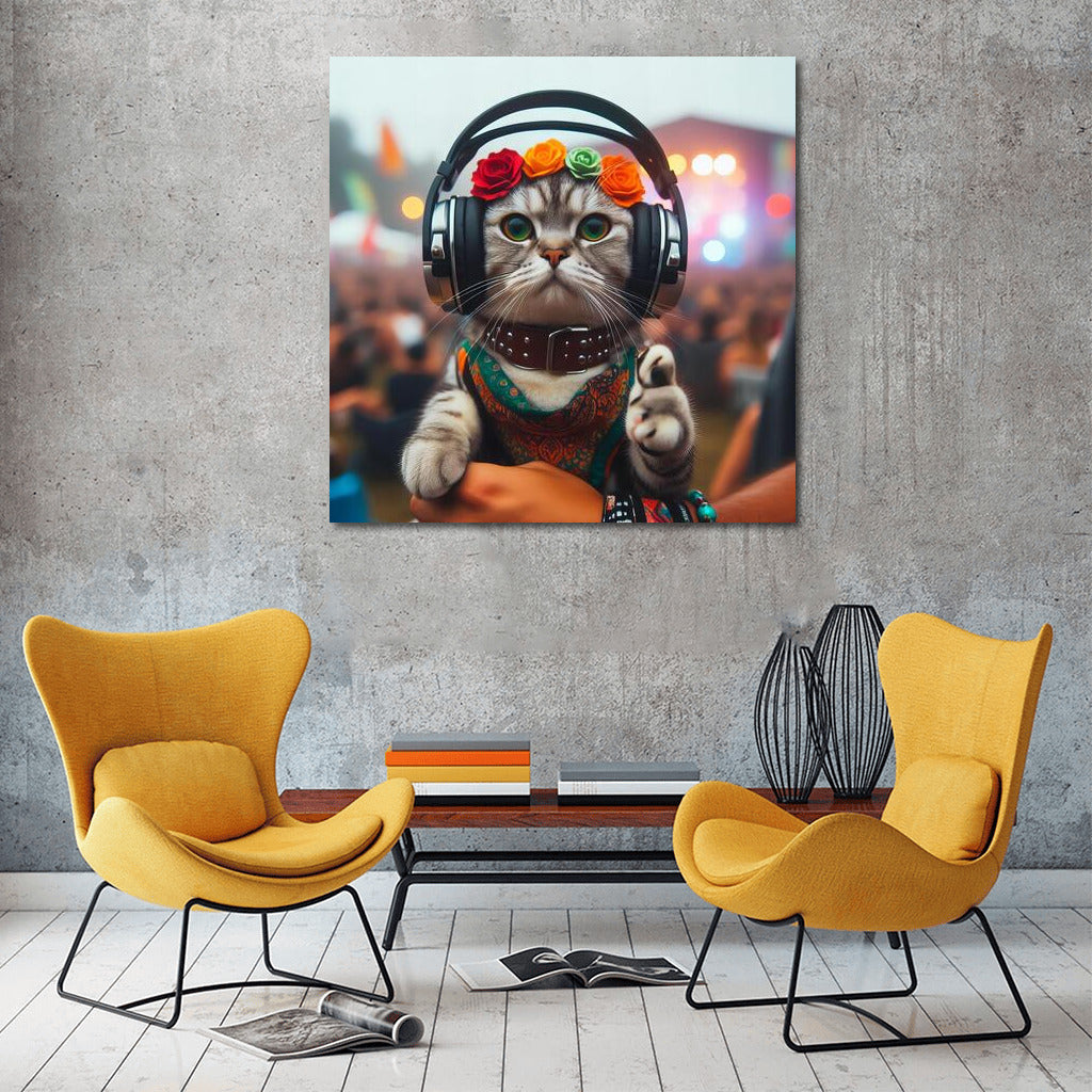 Musical Cat at the Festival: Stylish Headphones and Flower Crown
