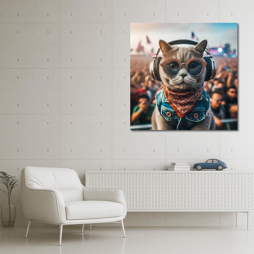 Festival Cat in Headphones: Musical Style for Interior
