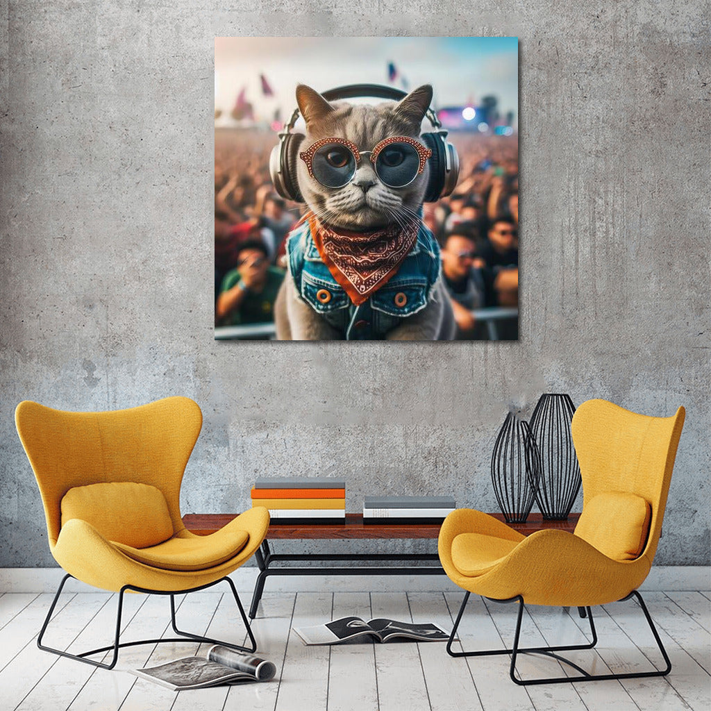 Festival Cat in Headphones: Musical Style for Interior