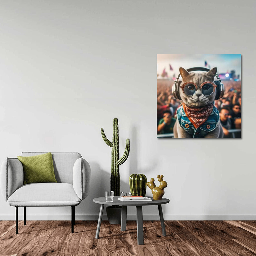 Festival Cat in Headphones: Musical Style for Interior