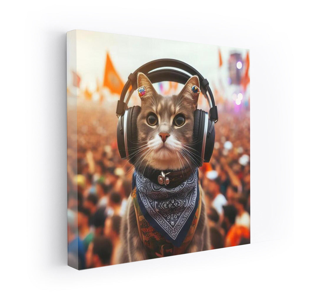 Musical Cat at the Festival: Stylish Headphones and Freedom