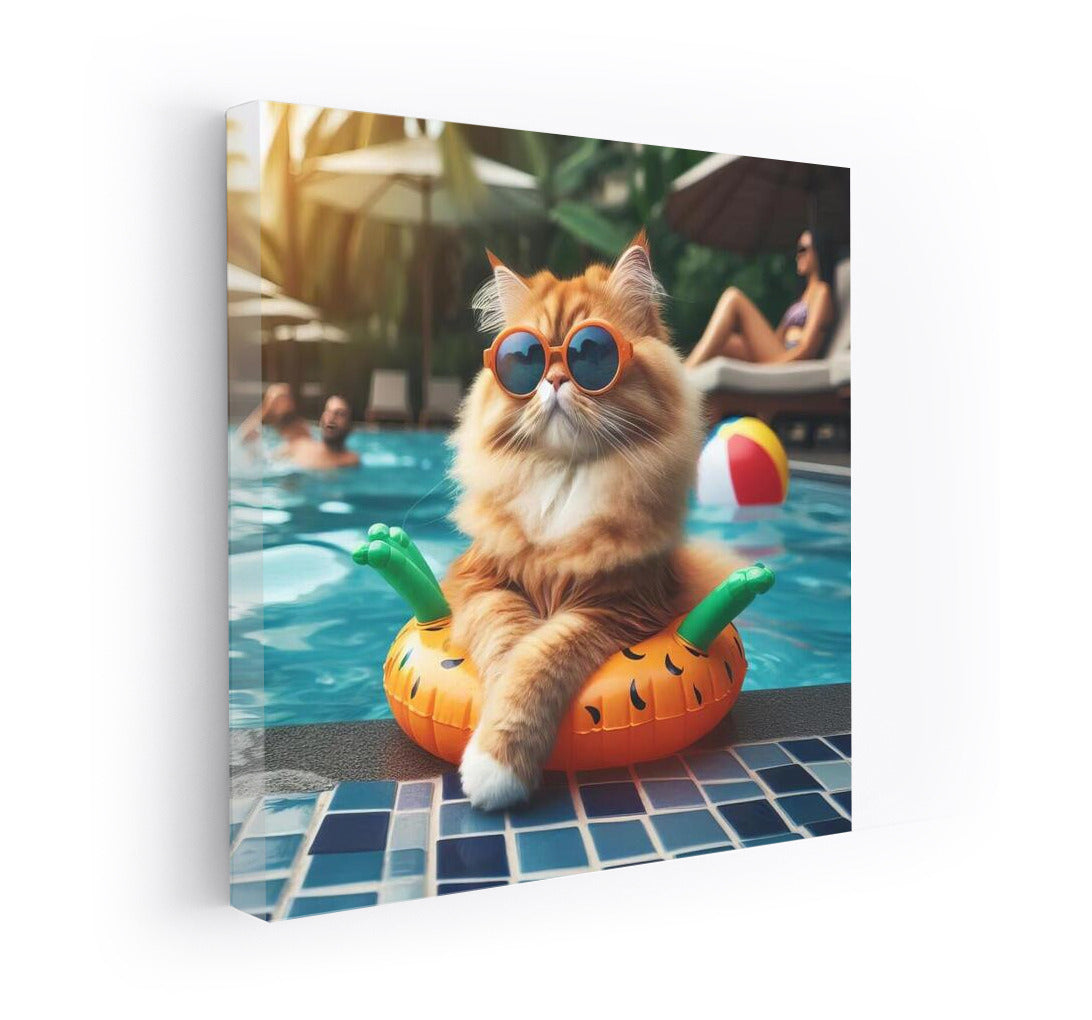 Fluffy King of the Pool Party: Feline Grace in Vibrant Colors