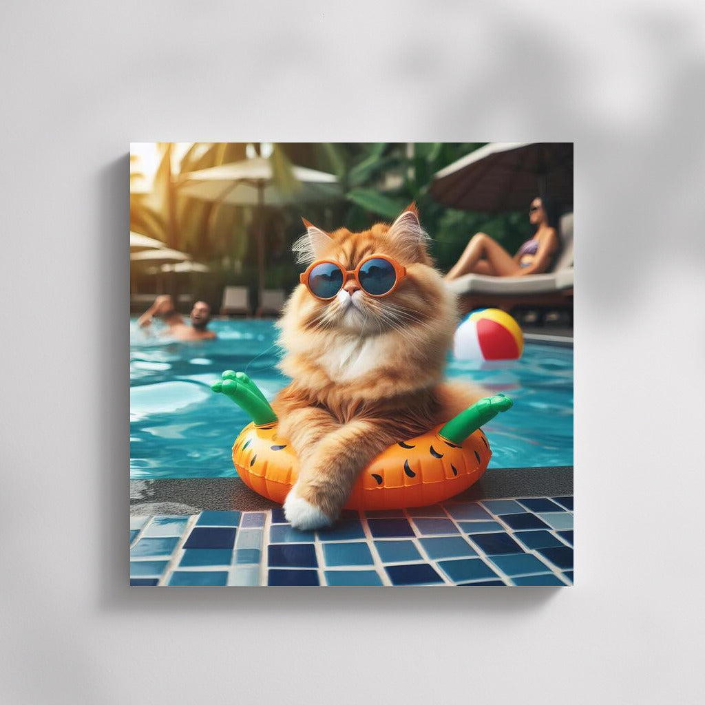 Fluffy King of the Pool Party: Feline Grace in Vibrant Colors