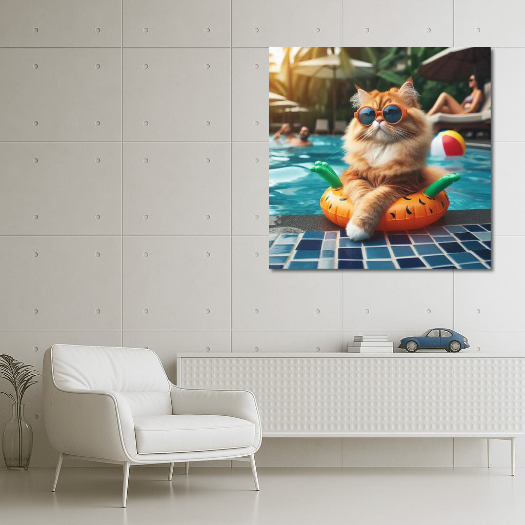 Fluffy King of the Pool Party: Feline Grace in Vibrant Colors