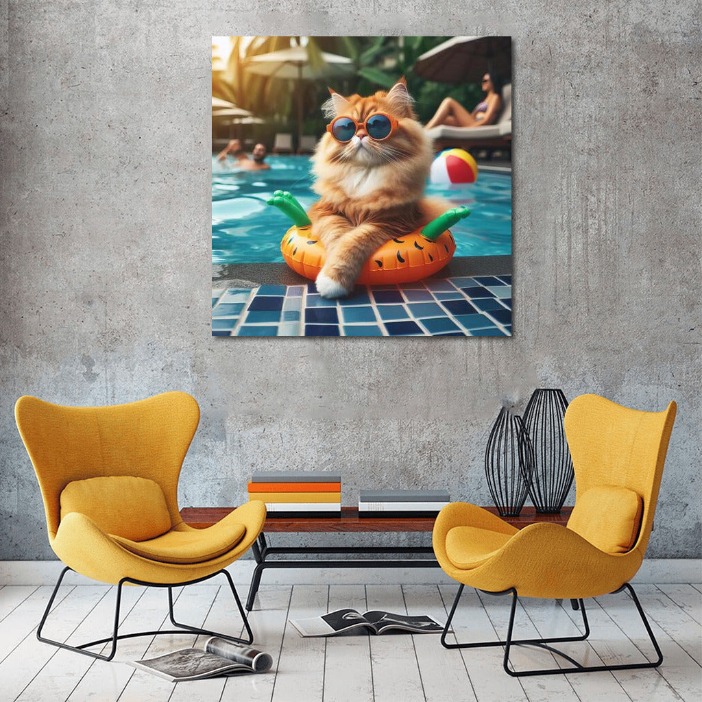 Fluffy King of the Pool Party: Feline Grace in Vibrant Colors