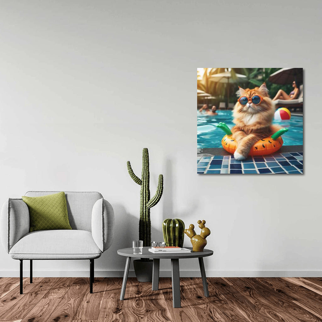 Fluffy King of the Pool Party: Feline Grace in Vibrant Colors