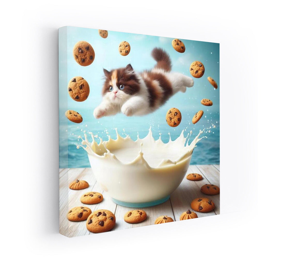 A swimming cat in a milky ocean with floating cookies
