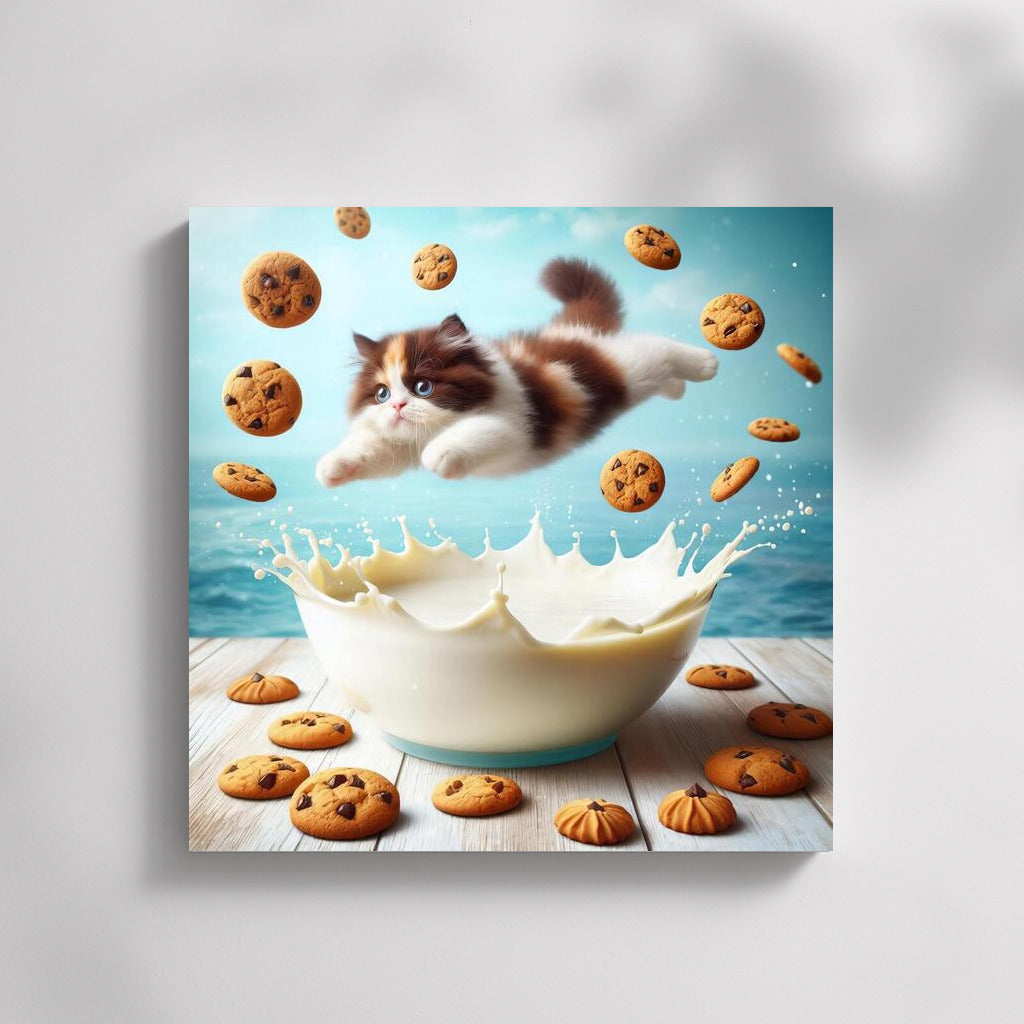 A swimming cat in a milky ocean with floating cookies