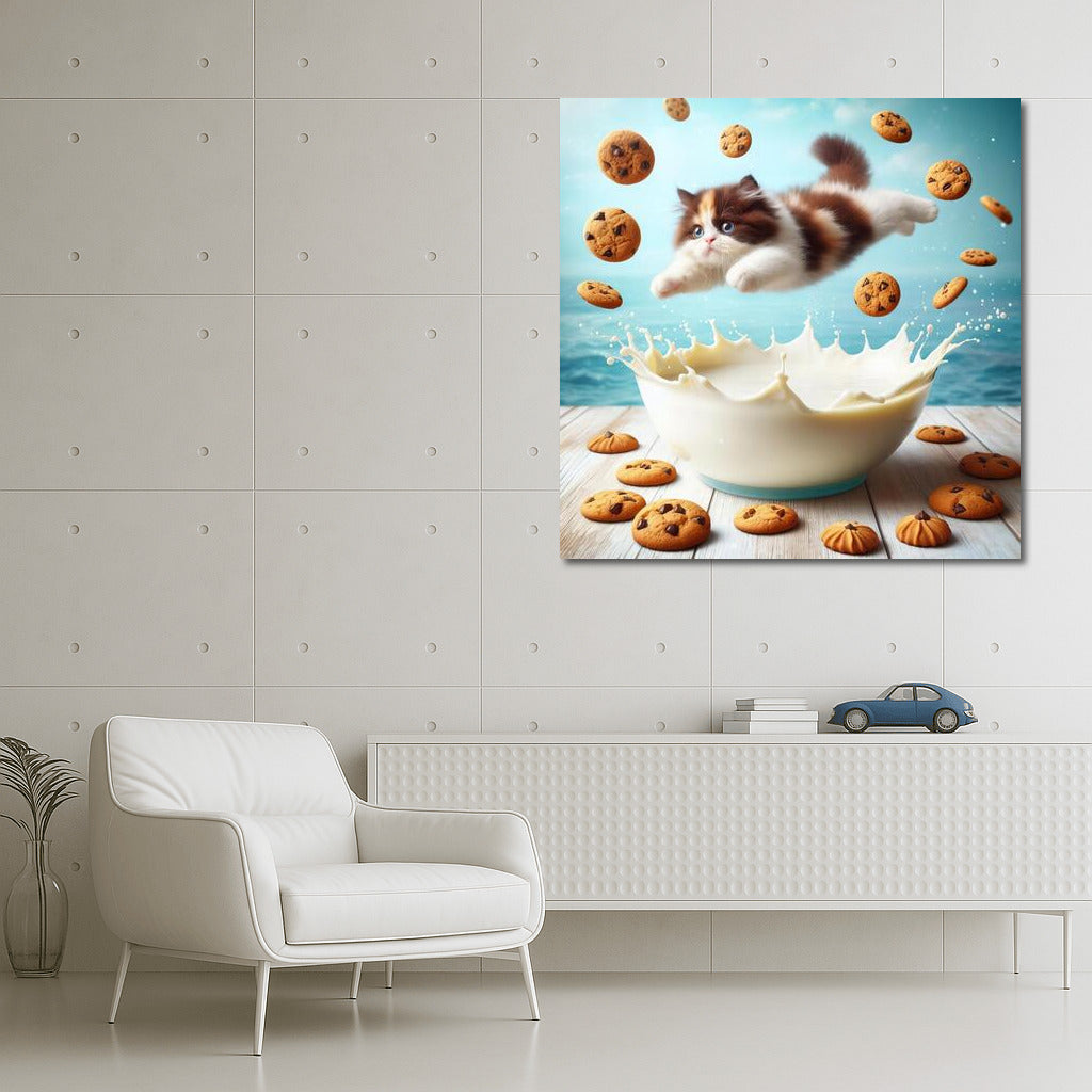 A swimming cat in a milky ocean with floating cookies