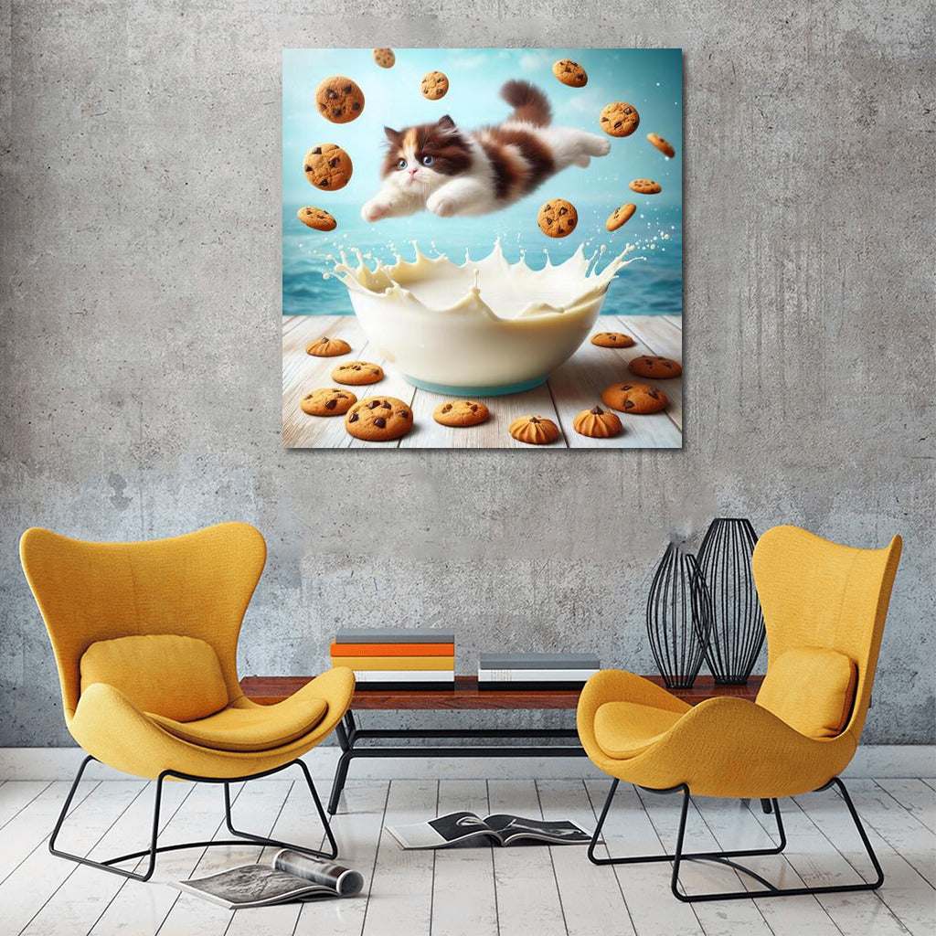A swimming cat in a milky ocean with floating cookies