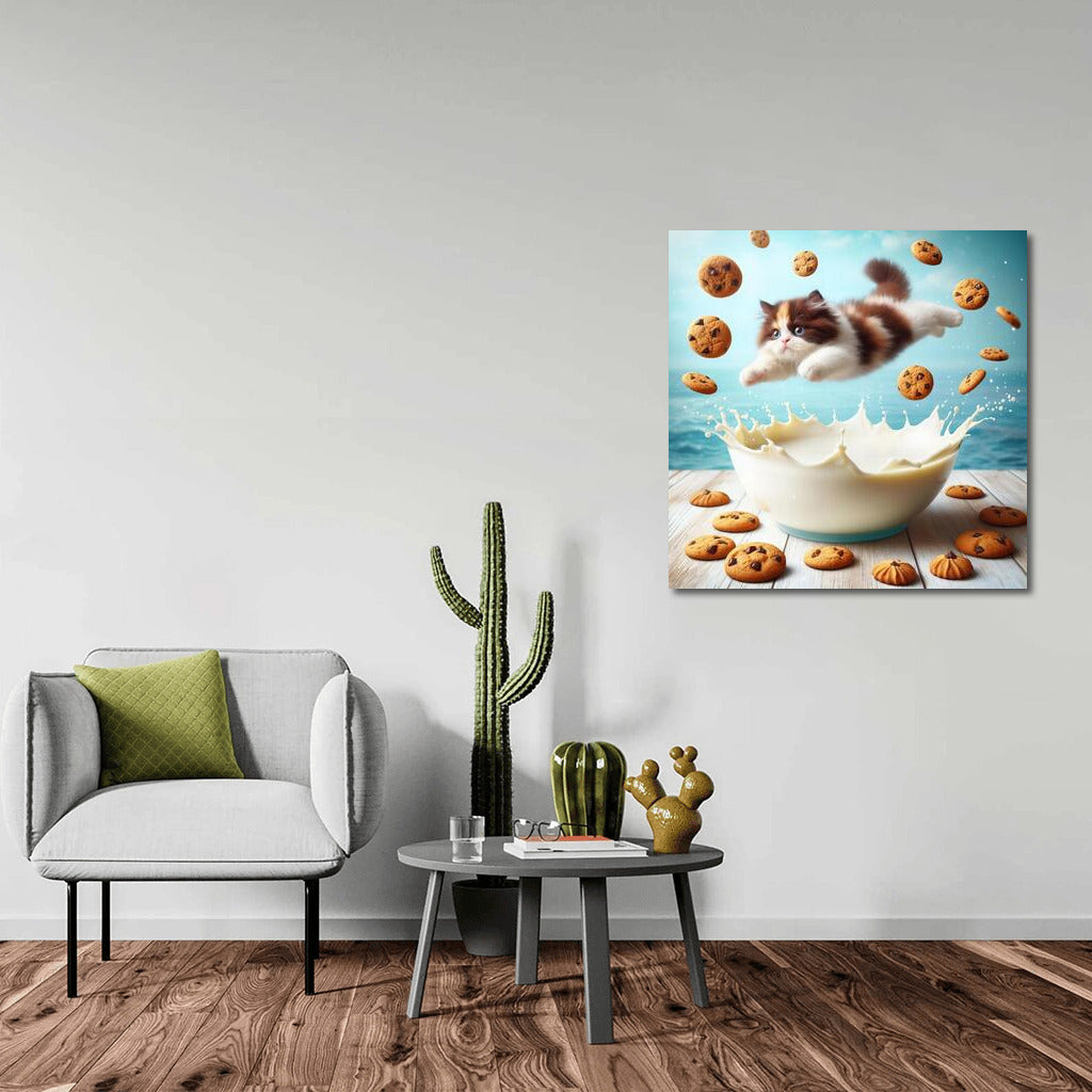 A swimming cat in a milky ocean with floating cookies