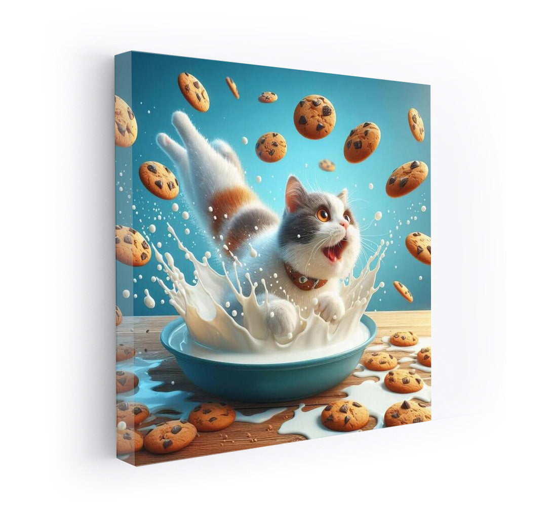 Diving Cat in Milk Paradise with Flying Cookies