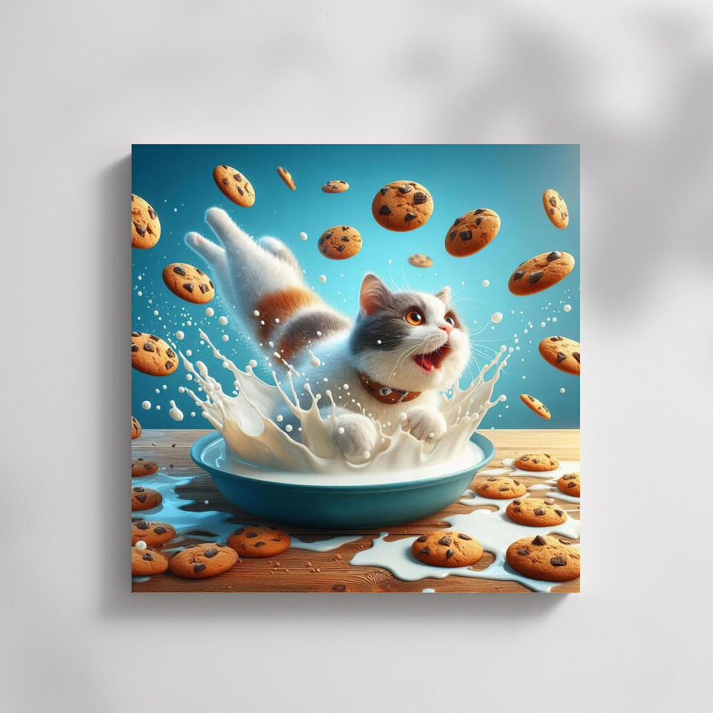 Diving Cat in Milk Paradise with Flying Cookies
