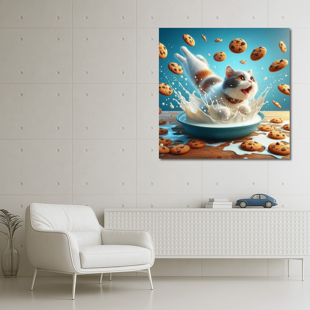 Diving Cat in Milk Paradise with Flying Cookies