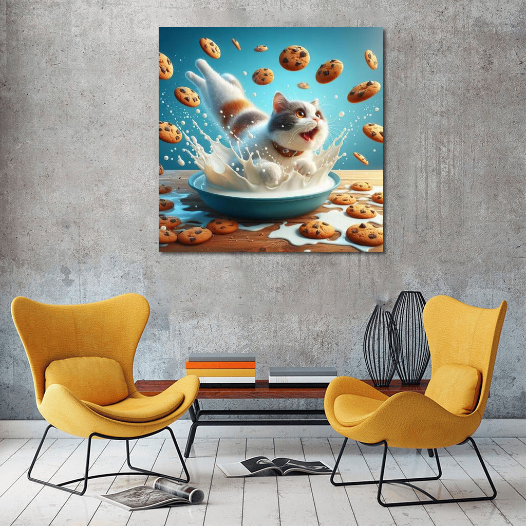 Diving Cat in Milk Paradise with Flying Cookies