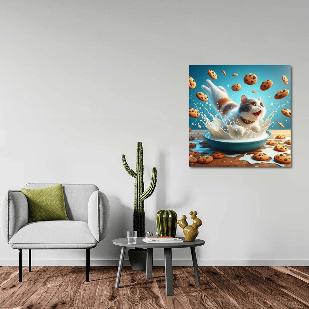 Diving Cat in Milk Paradise with Flying Cookies