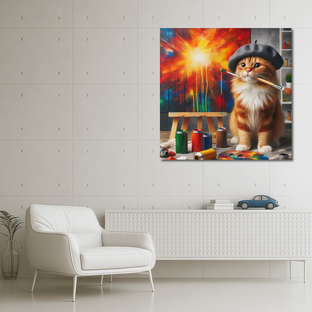 Cat-artist in the studio: the furry master creates