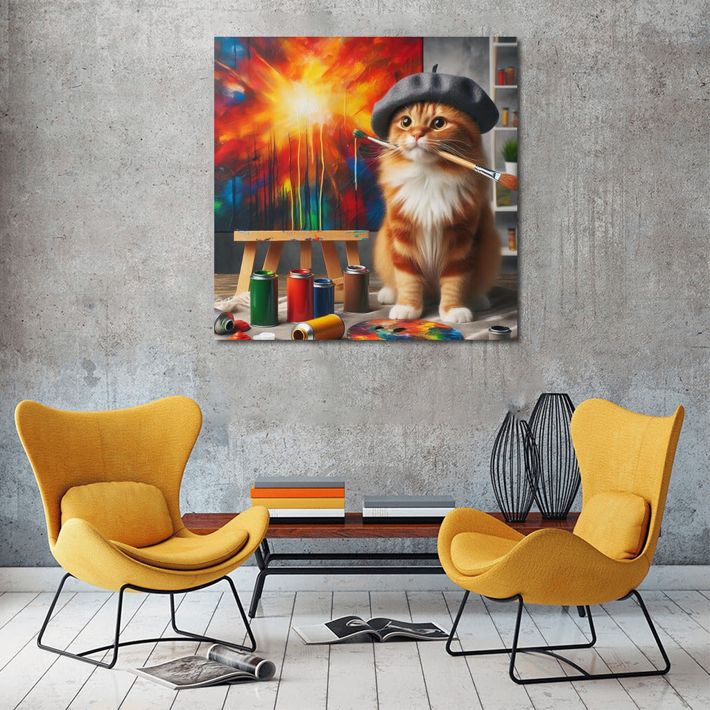 Cat-artist in the studio: the furry master creates