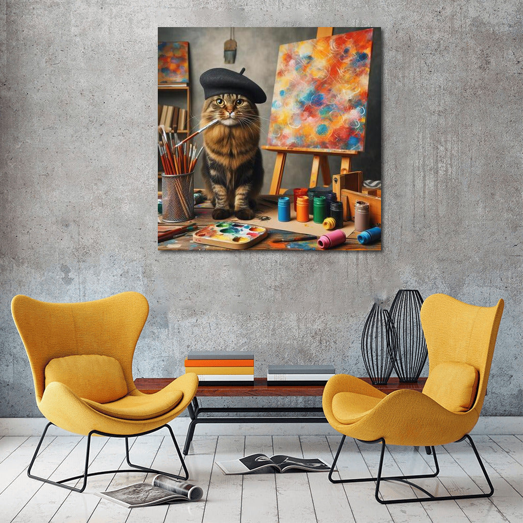 Cat-artist in the studio: inspiration and comfort on canvas
