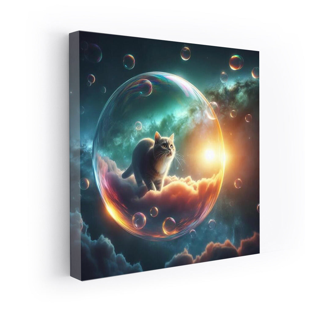 Space travel of a cat in a soap bubble