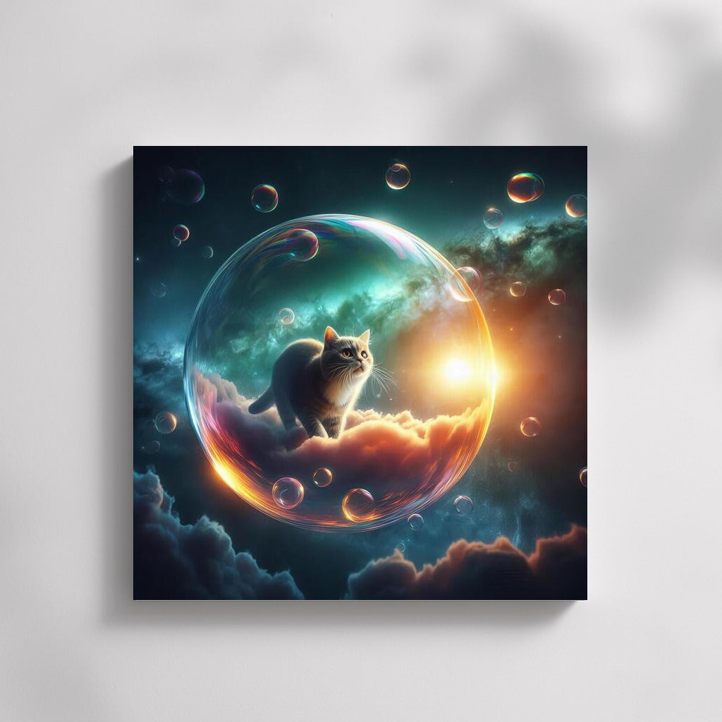 Space travel of a cat in a soap bubble