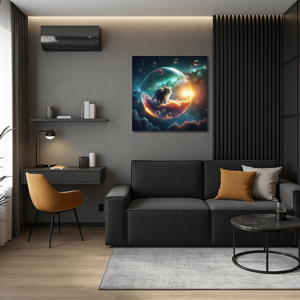 Space travel of a cat in a soap bubble