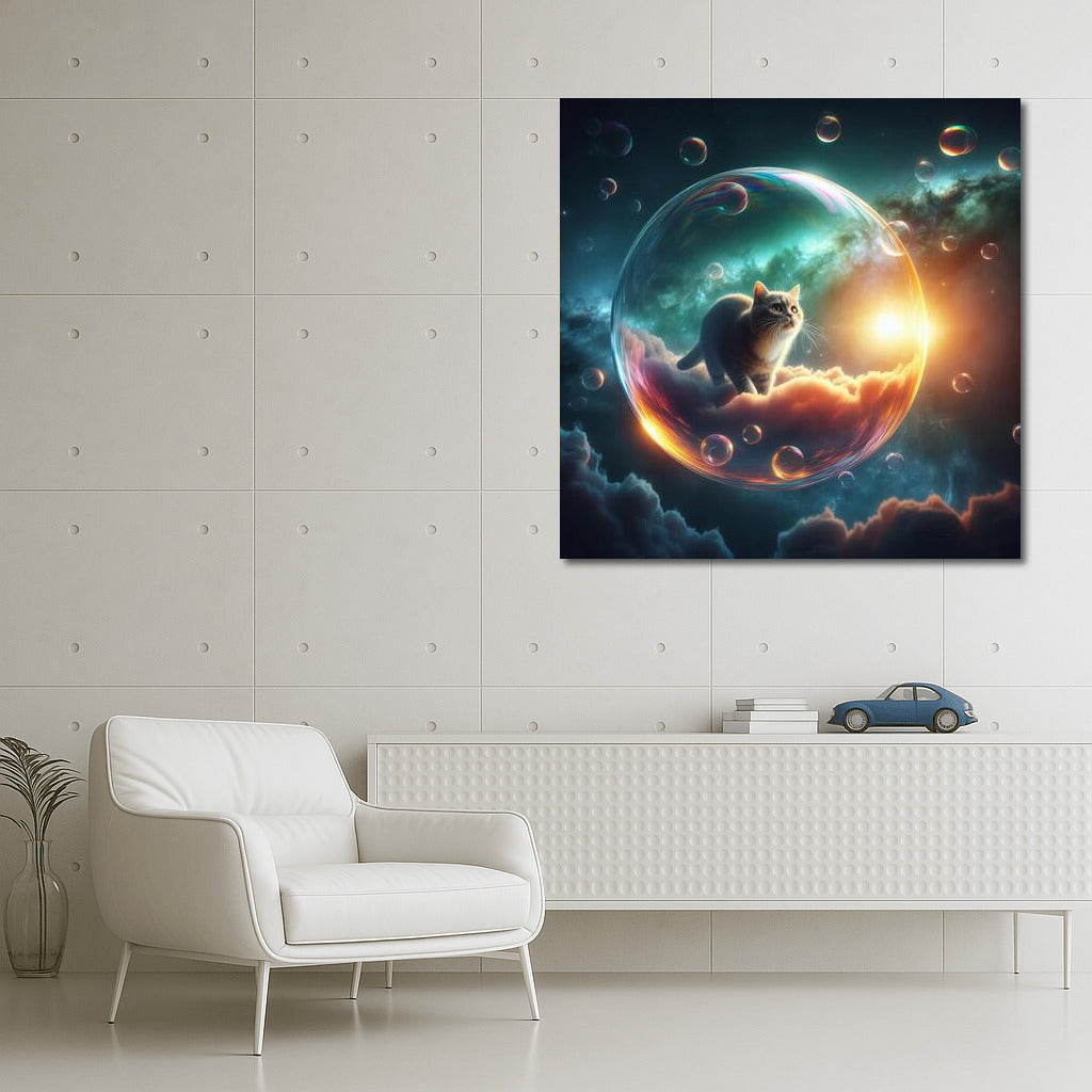 Space travel of a cat in a soap bubble