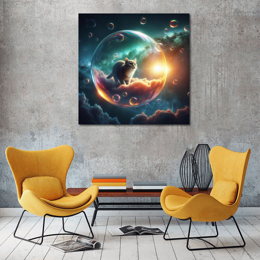 Space travel of a cat in a soap bubble