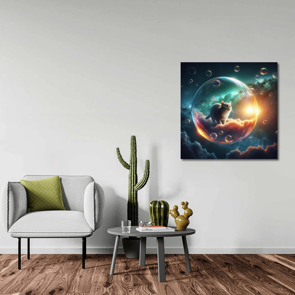 Space travel of a cat in a soap bubble