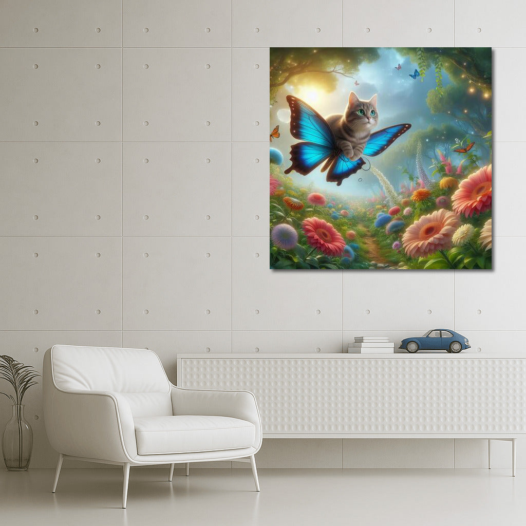 Soaring Cat on Butterfly Wings in the Magic Forest