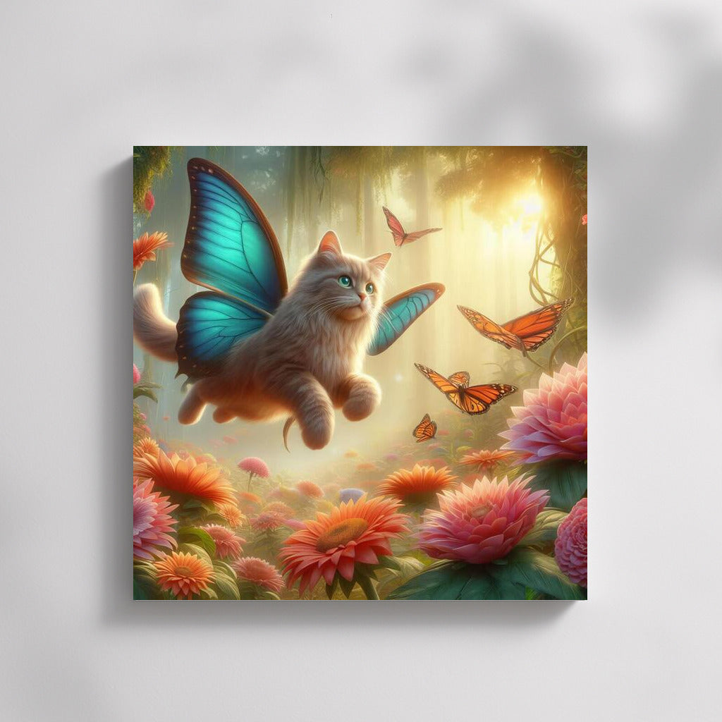 Cat on Butterfly Wings: Flight in the Magical Forest among Giant Flowers