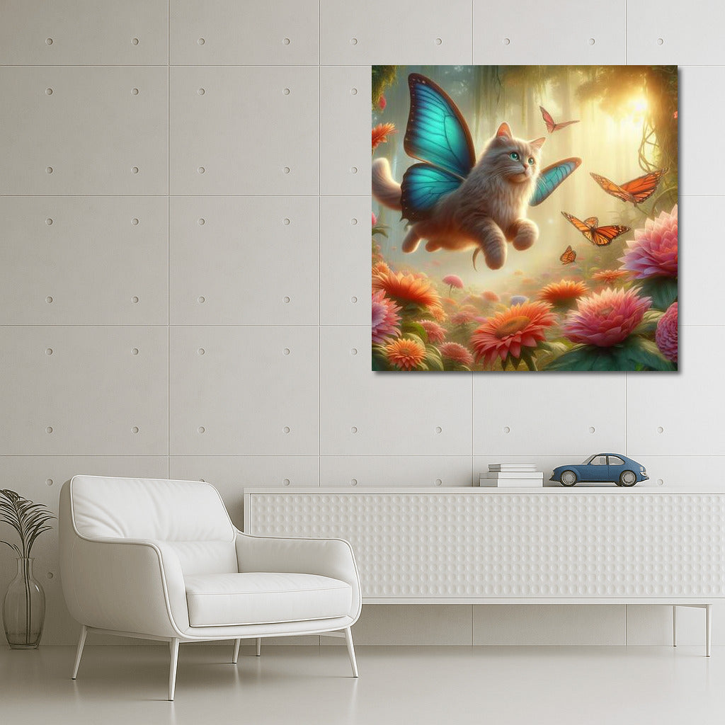 Cat on Butterfly Wings: Flight in the Magical Forest among Giant Flowers