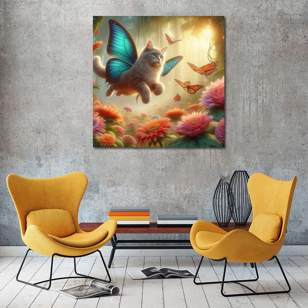 Cat on Butterfly Wings: Flight in the Magical Forest among Giant Flowers