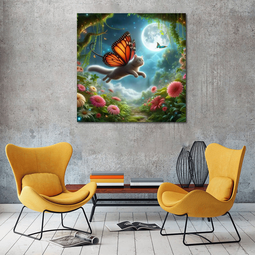 Cat on Butterfly Wings: Magical Flight in the Forest
