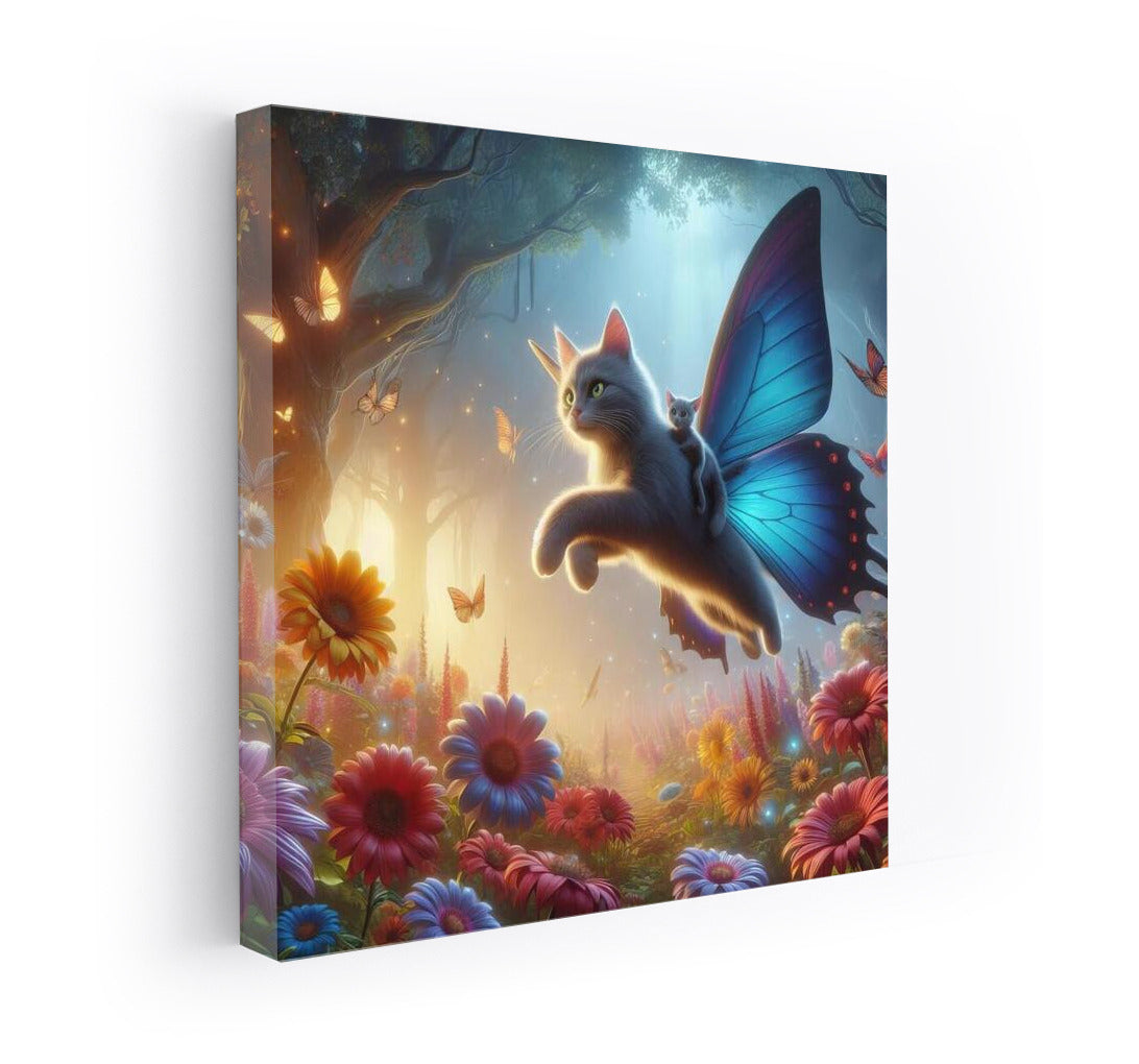 Cat on Butterfly Wings: Flight in the Fairytale Forest among Giant Flowers