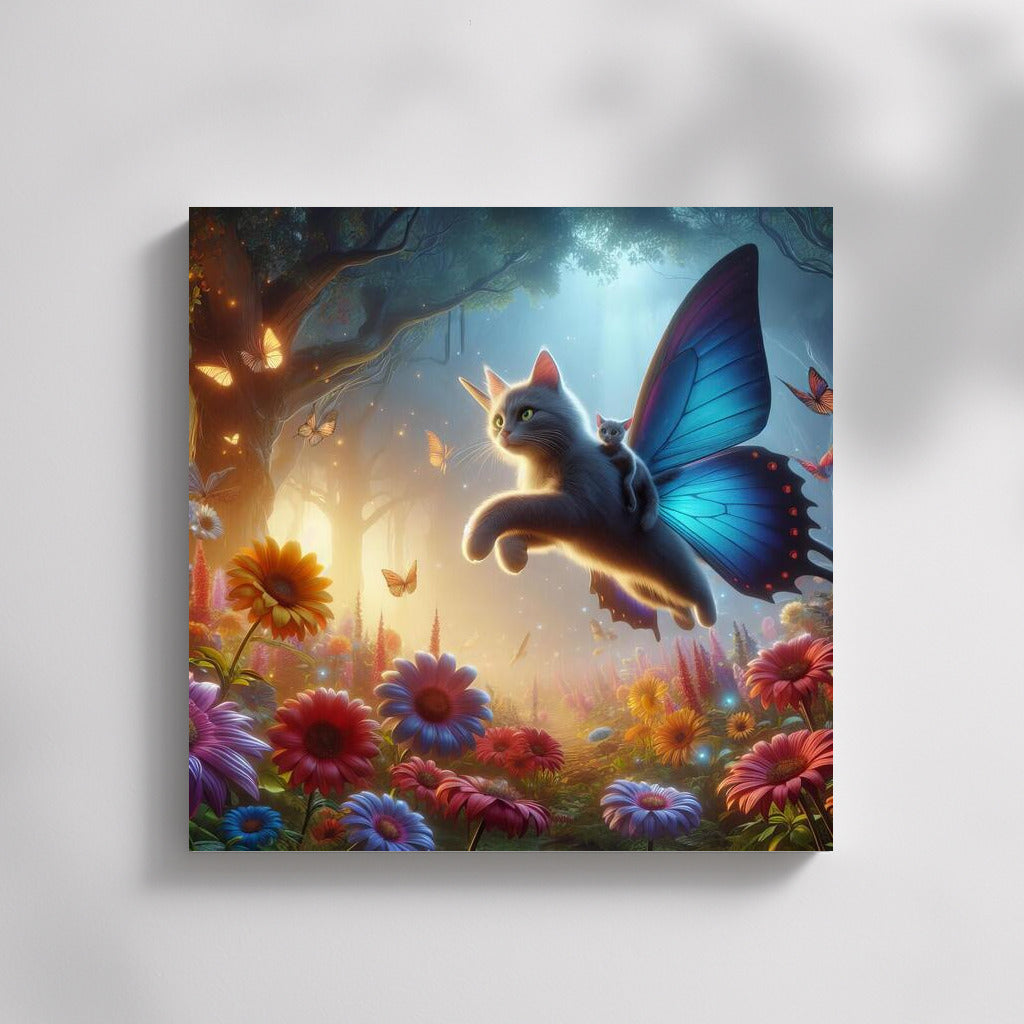 Cat on Butterfly Wings: Flight in the Fairytale Forest among Giant Flowers