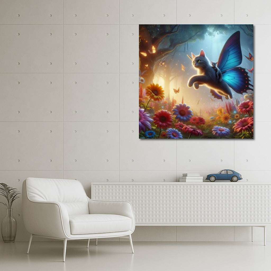 Cat on Butterfly Wings: Flight in the Fairytale Forest among Giant Flowers