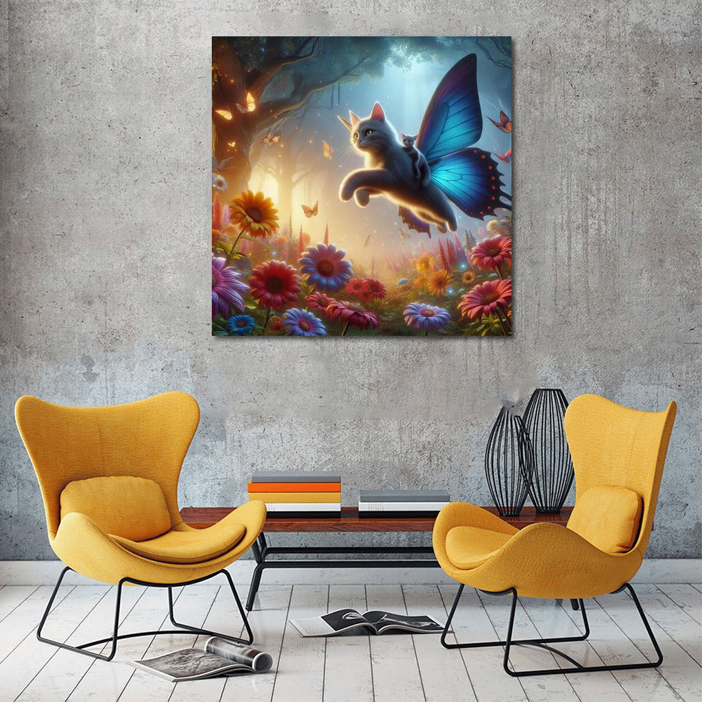 Cat on Butterfly Wings: Flight in the Fairytale Forest among Giant Flowers