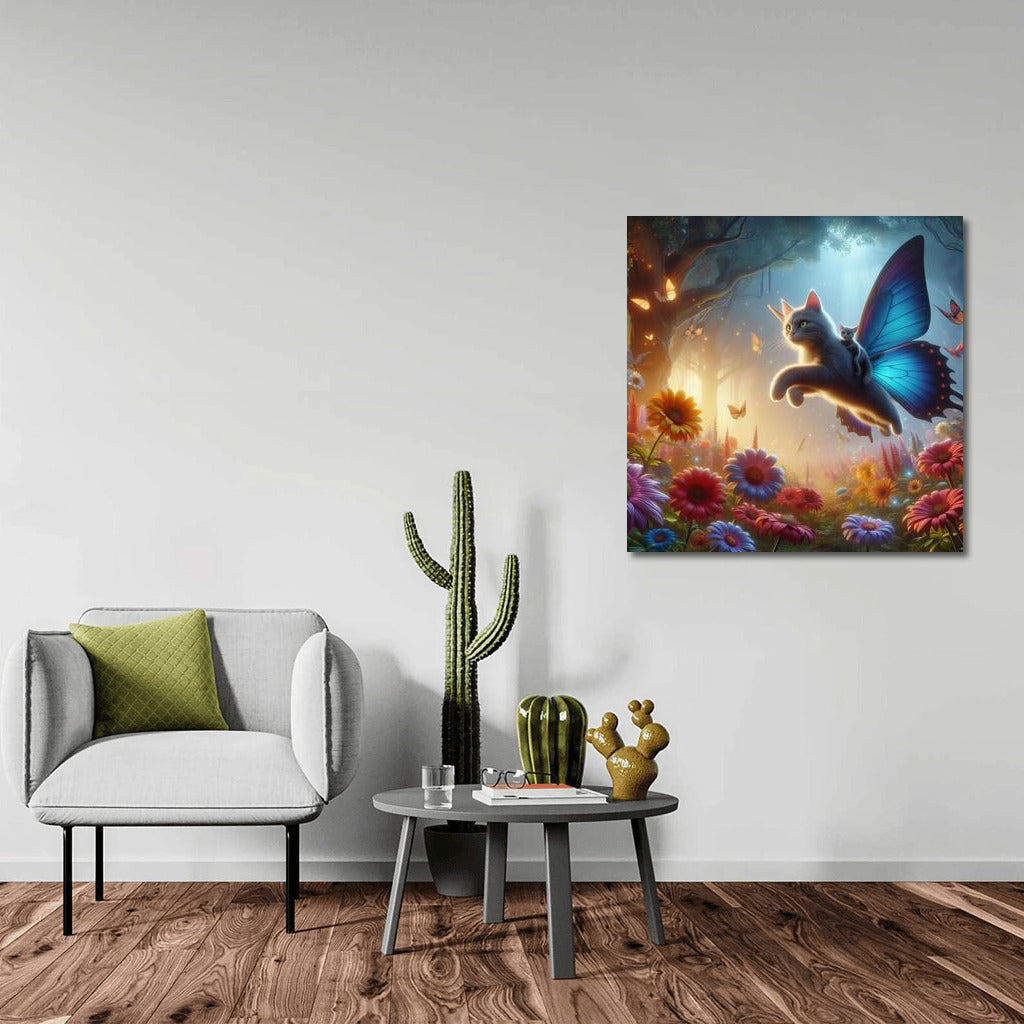 Cat on Butterfly Wings: Flight in the Fairytale Forest among Giant Flowers