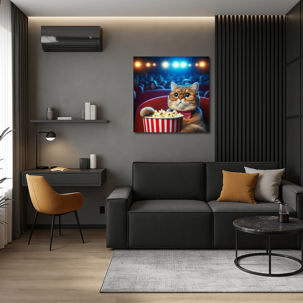Cat at the Cinema: Moviegoer with Popcorn
