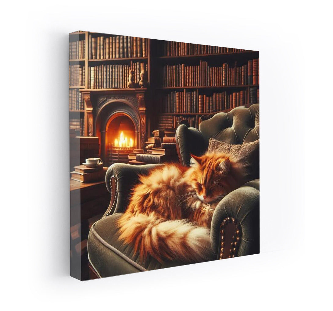 Fluffy Cat in the Cozy Library by the Fireplace