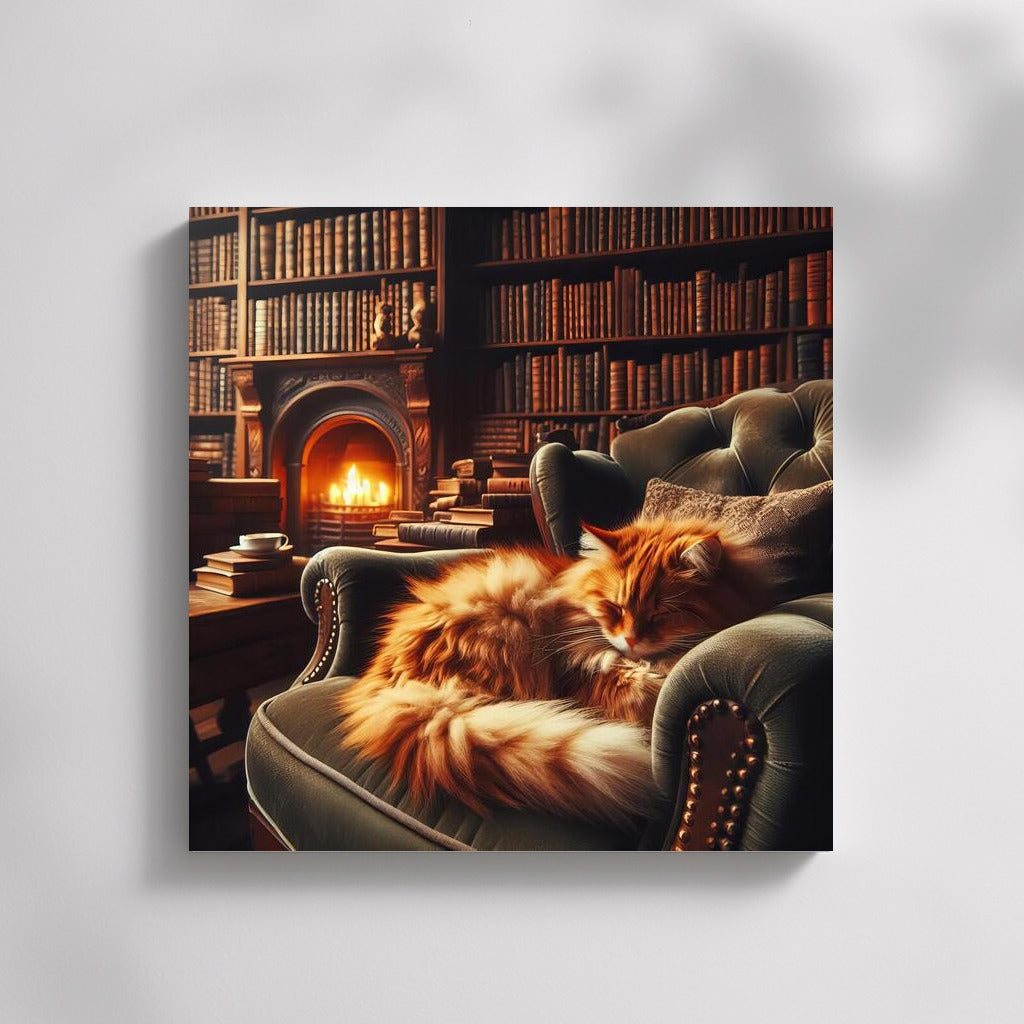 Fluffy Cat in the Cozy Library by the Fireplace