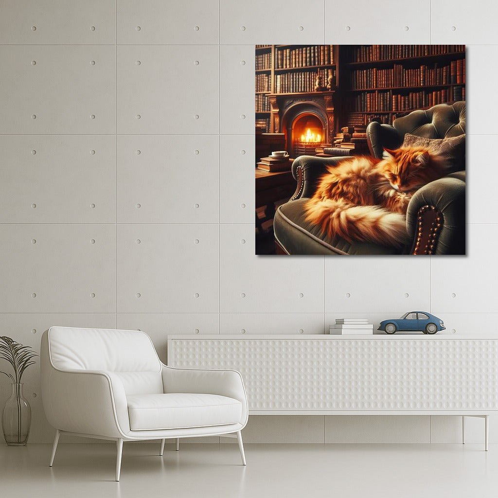 Fluffy Cat in the Cozy Library by the Fireplace