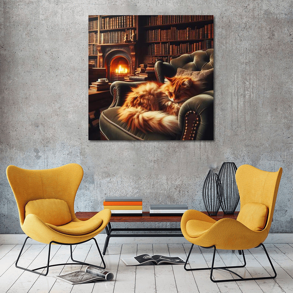 Fluffy Cat in the Cozy Library by the Fireplace
