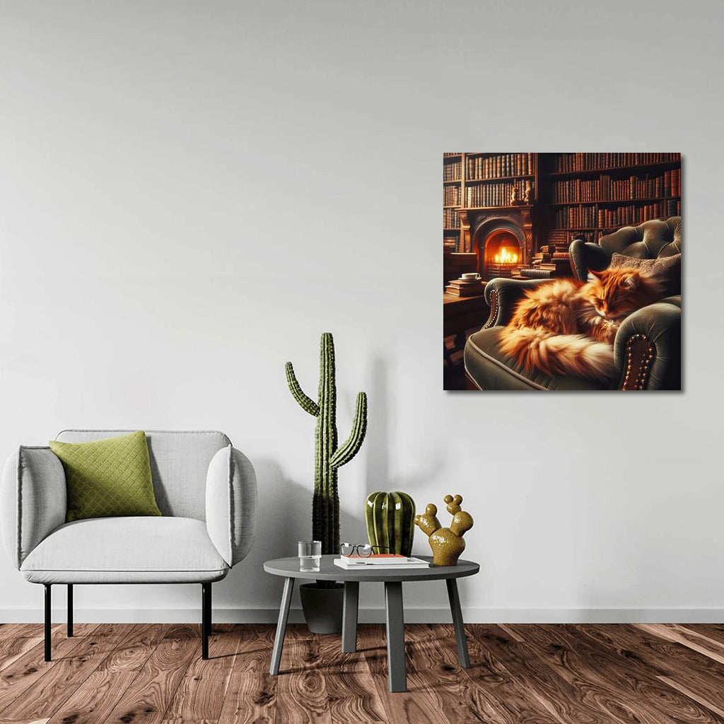 Fluffy Cat in the Cozy Library by the Fireplace