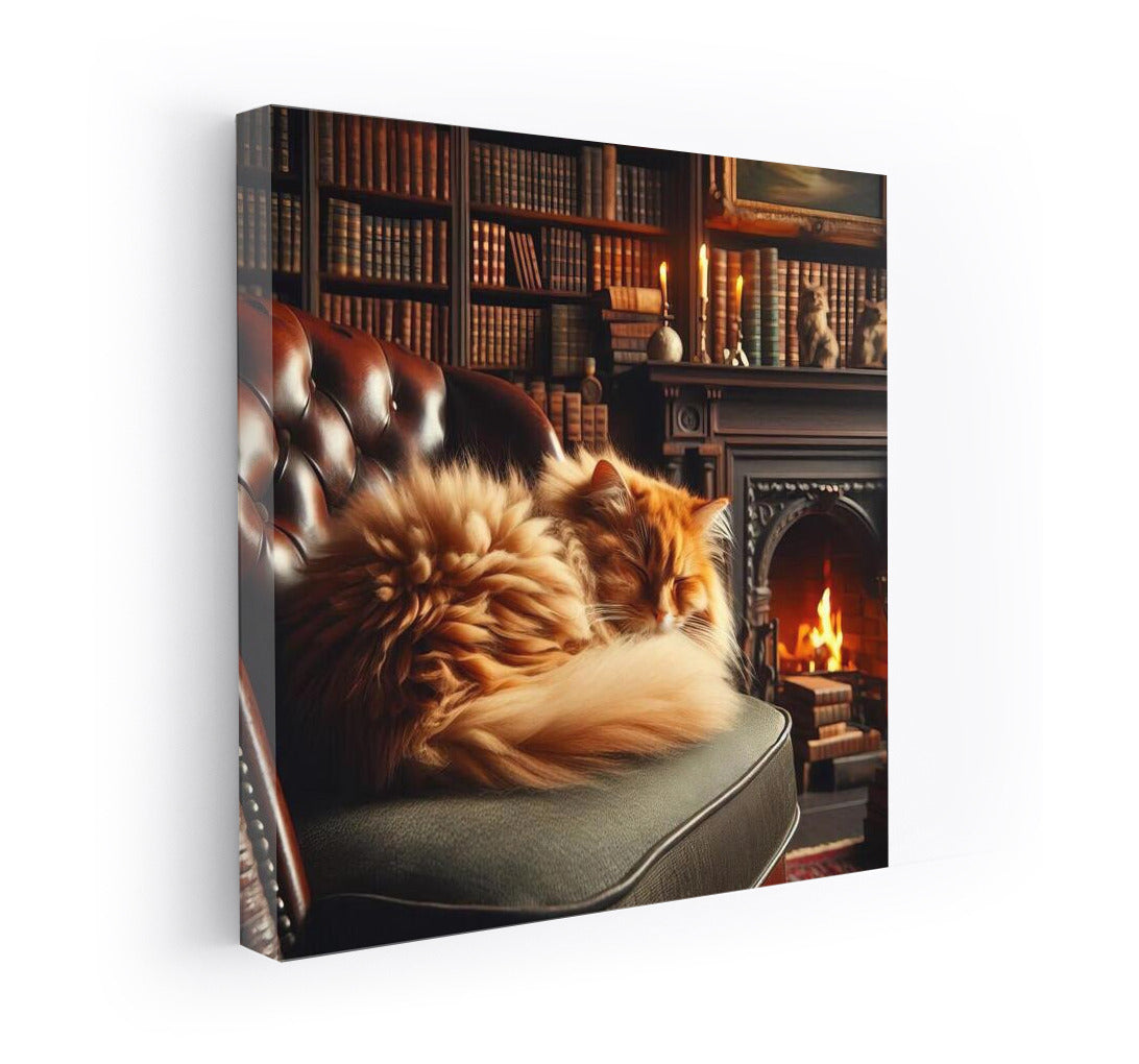 Fluffy cat by the fireplace in a cozy library