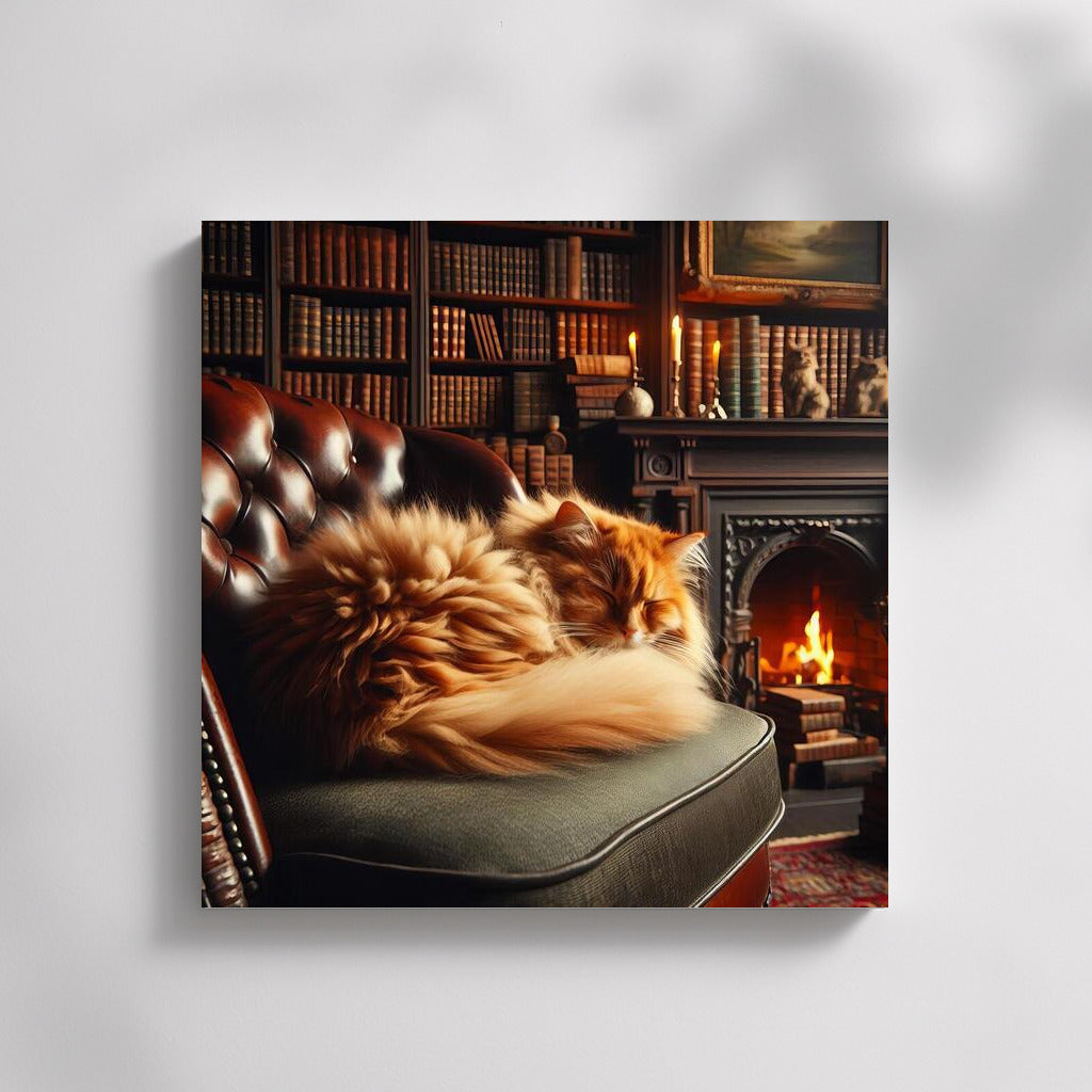 Fluffy cat by the fireplace in a cozy library
