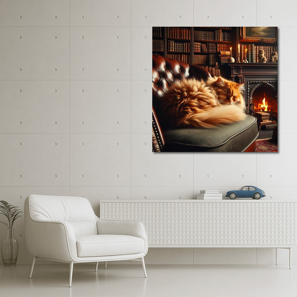 Fluffy cat by the fireplace in a cozy library