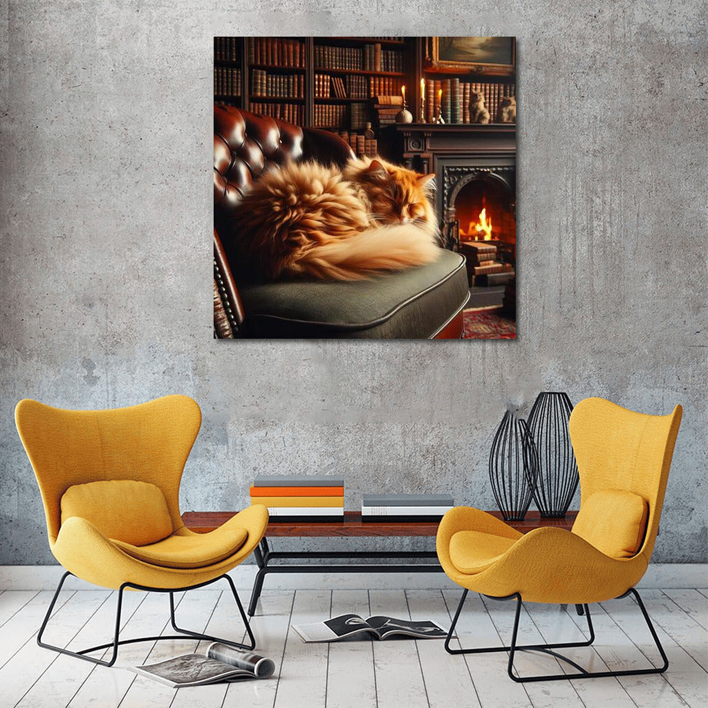 Fluffy cat by the fireplace in a cozy library